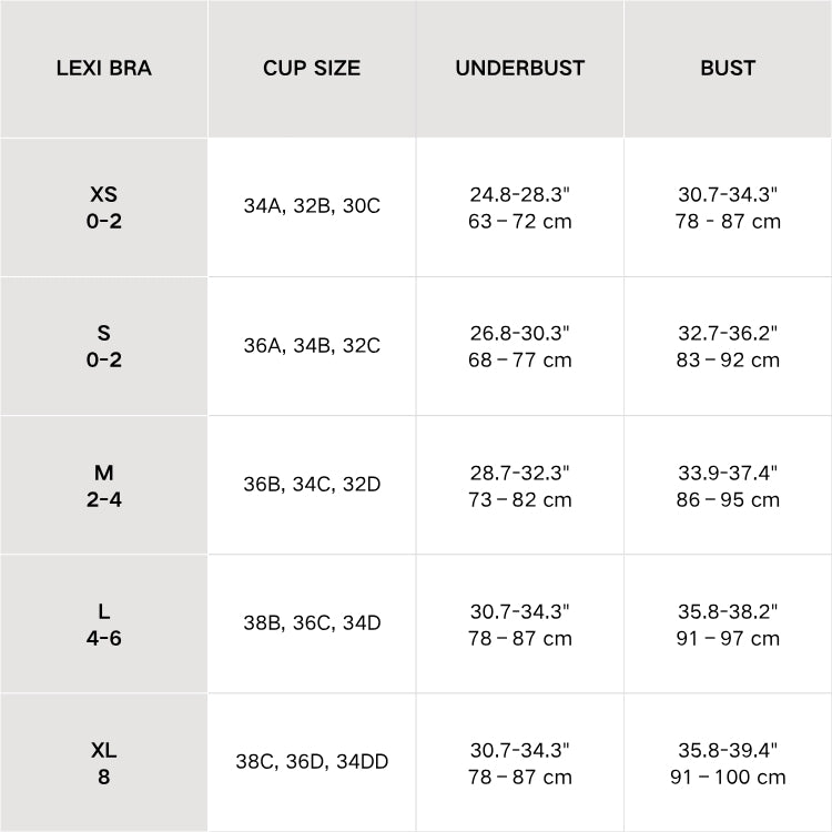 Lexi Mesh Bra size chart
