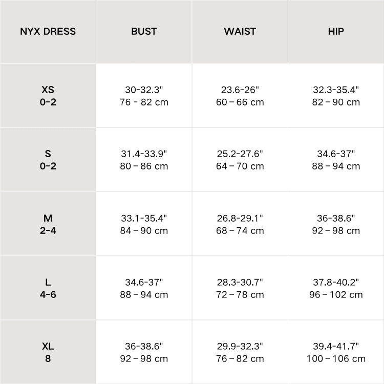 NYX DRESS size chart