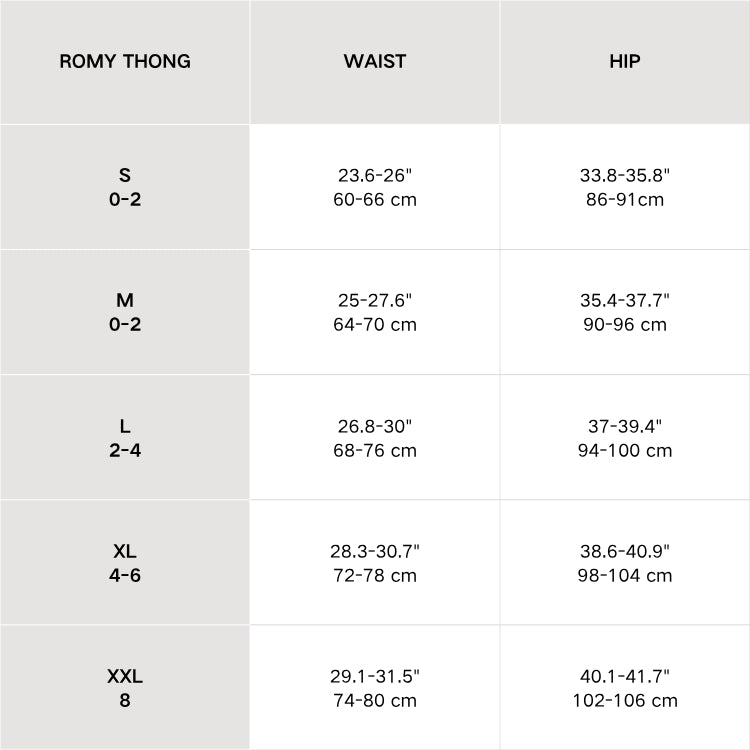 Romy Mesh Thong size chart