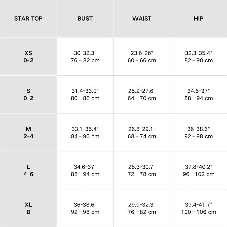 STAR Latex Halter Top size chart